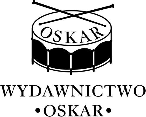 Logo Wydawnictwa Oskar. Bębenek z pałeczkami, na bębenku tekst OSKAR. Poniżej tekst: WYDAWNICTWO OSKAR. Czarne na białym tle.